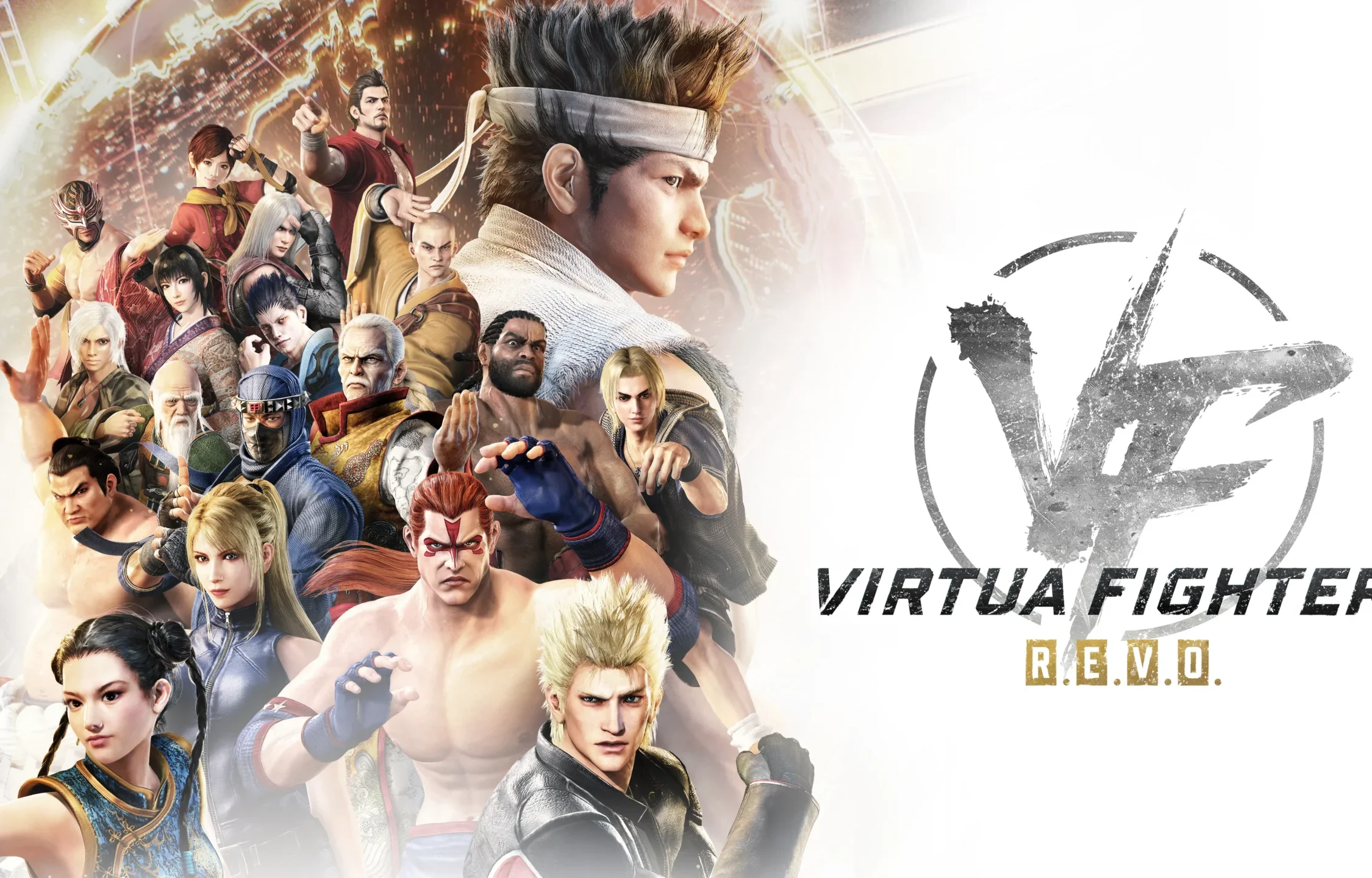 The key art for Virtua Fighter 5 R.E.V.O., showcasing a large ensemble of male and female fighters in various martial arts stances, with the game's logo prominently displayed against a dynamic, faded background.